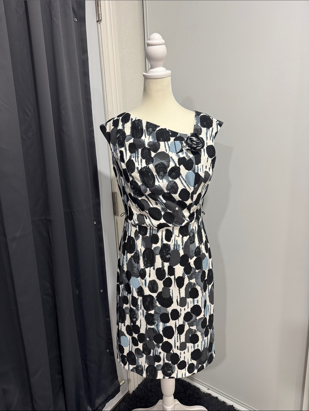 Asymmetrical Neckline Rosette Black & White Abstract Dot Sheath Dress